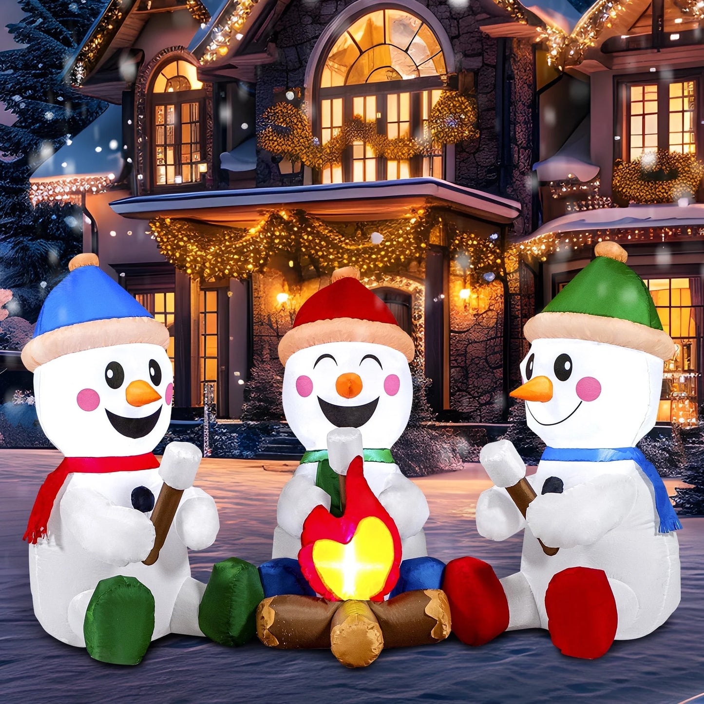6 FT Inflatable Snowmen Outdoor Decoration with Built-In LED Lights – Three Sitting Snowmen Christmas Blow-Up for Yard, Lawn & Holiday Party Décor