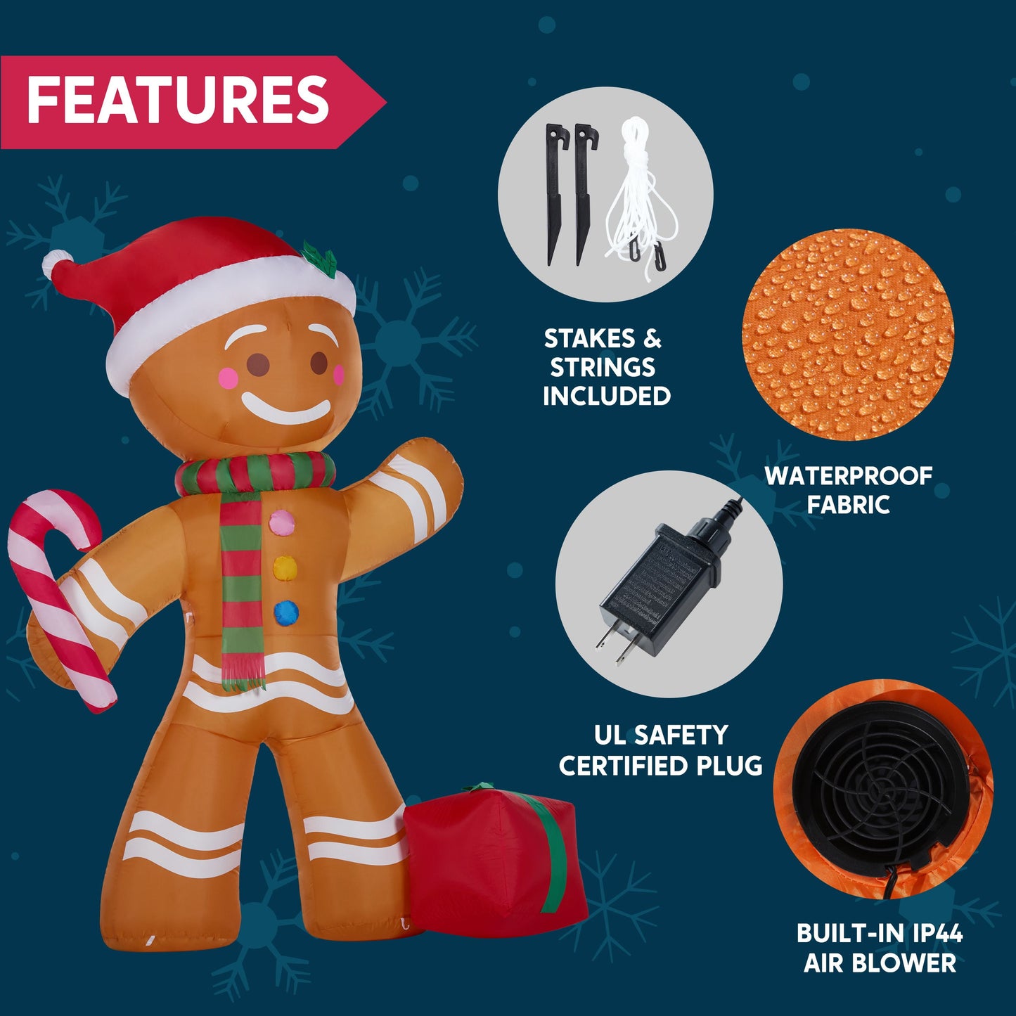 8 FT Inflatable Gingerbread Man with Candy Cane & LED Lights – Giant Christmas Blow-Up Outdoor Decoration for Yard, Garden & Holiday Party Décor