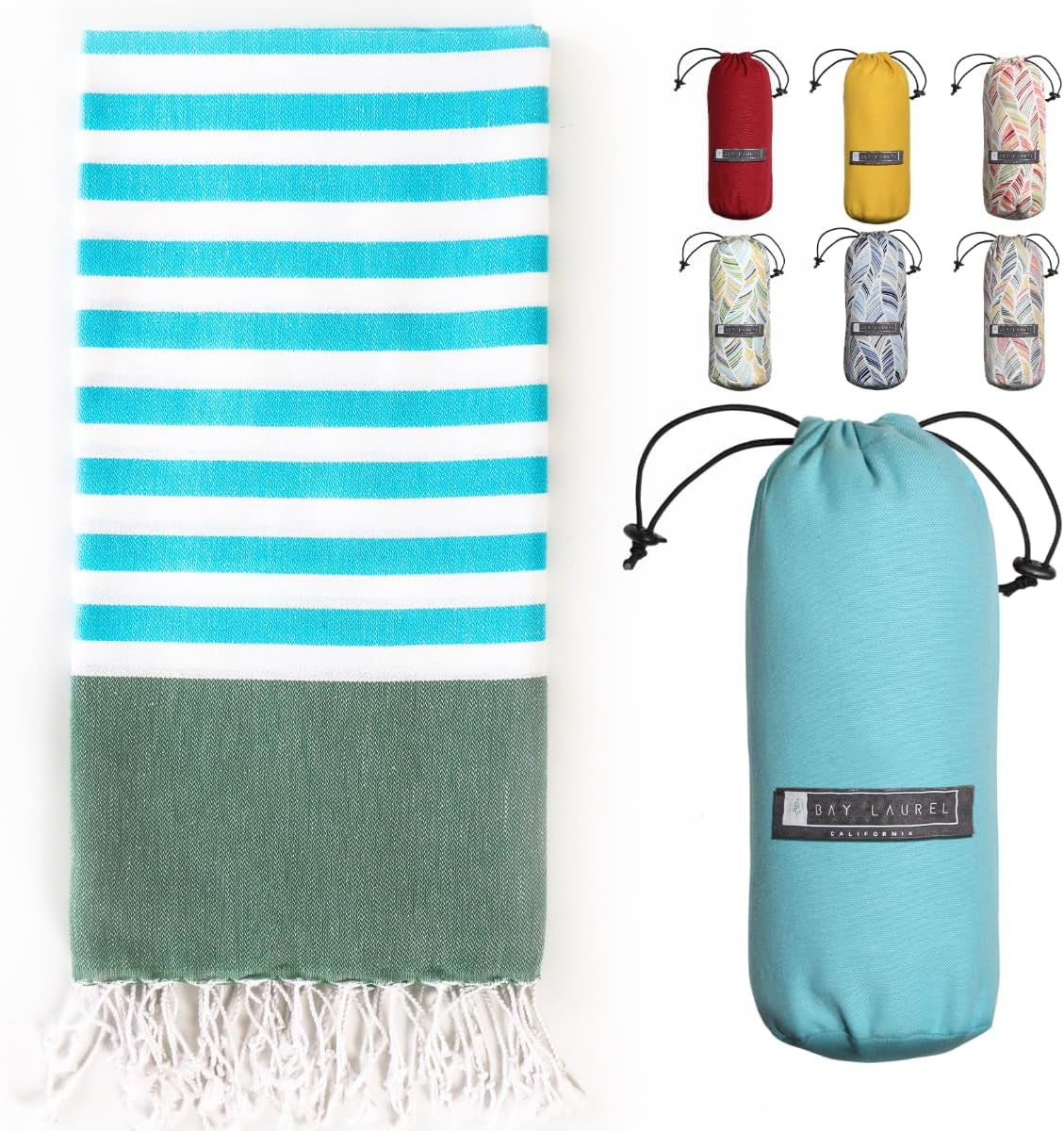 Bay Laurel Turkish Beach Towel with Travel Bag — Oversized 39" × 71", Quick-Dry & Sand-Free