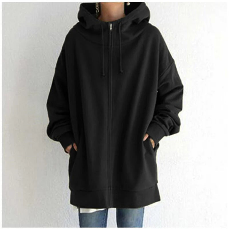 Women’s Oversized Hooded Coat – Long Zip-Up Velvet Sweatshirt, Tie-Collar Loose Fit Jacket (S–5XL)