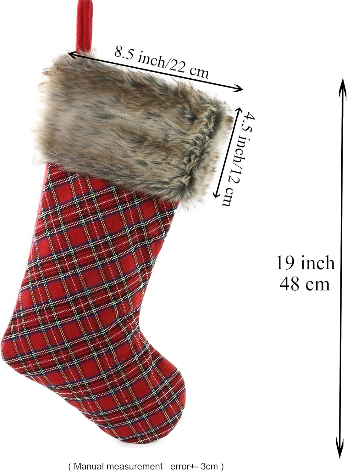 Set of 3 Buffalo Plaid Christmas Stockings – 19” Holiday Stockings with Faux Fur Cuff, Rustic Fireplace Décor for Family Gifts