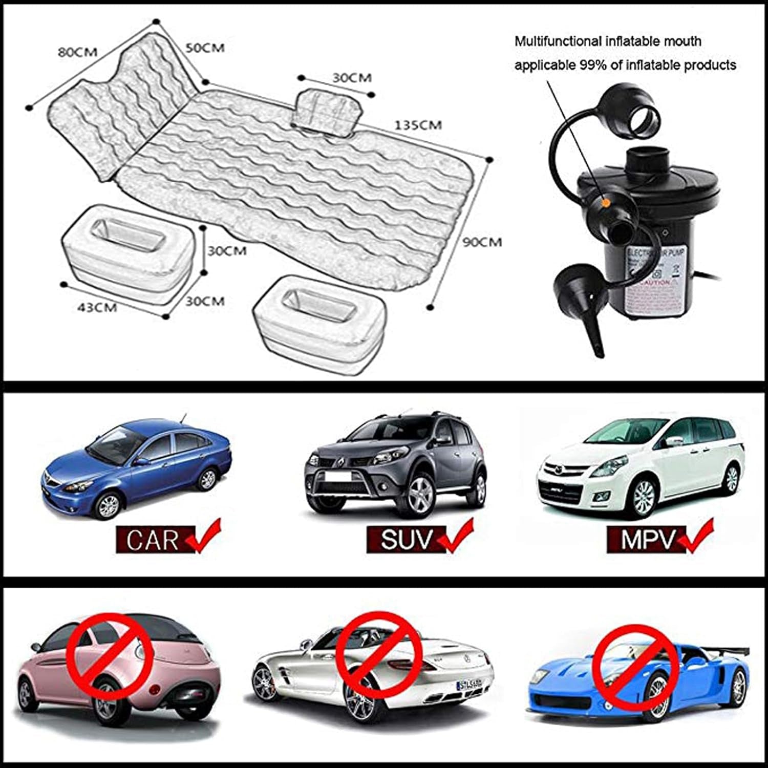Universal Car Air Mattress — Flocked Back-Seat Bed w/ 12-V Pump, Pillows & Travel Kit (185 × 90 cm)
