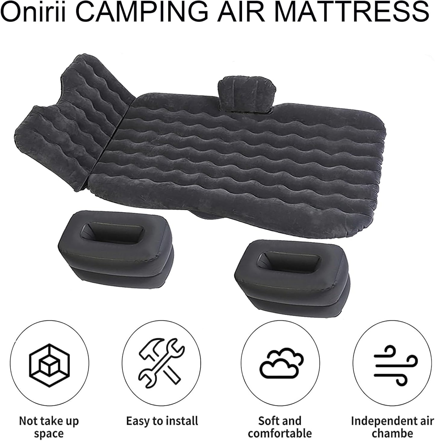 Universal Car Air Mattress — Flocked Back-Seat Bed w/ 12-V Pump, Pillows & Travel Kit (185 × 90 cm)