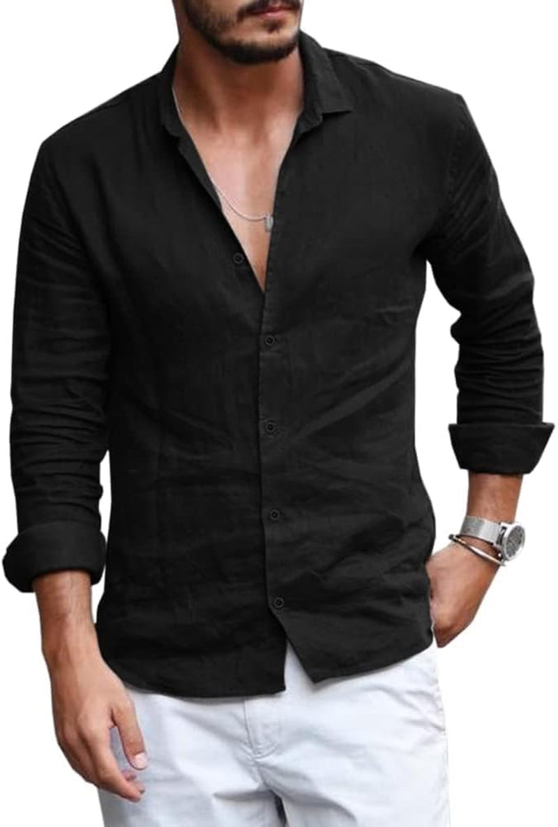 Runcati Men's Casual Long Sleeve Linen Cotton Shirt
